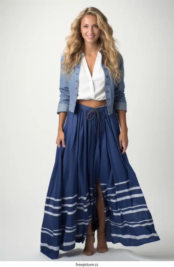 Fashion model with blonde hair wearing blue denim jacket, white shirt and long blue skirt with white stripes
