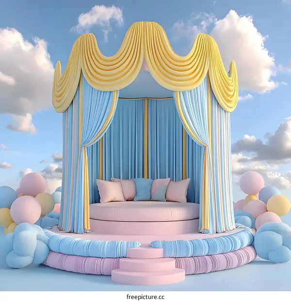 Pastel Blue and Yellow Canopy Bed in a Dreamy Sky