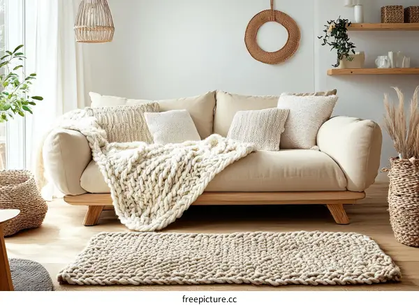 Cozy Beige Knitted Rug Living Room Decor