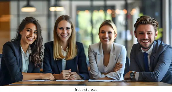 Four business people sitting at a table and smiling at the camera