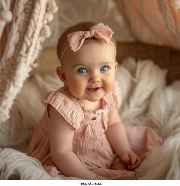 An adorable baby girl with blue eyes is sitting in a blanket teepee and wearing a cute pink bow.