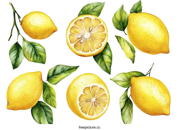[Transparent Background PNG]Watercolor Illustration of Lemons and Leaves