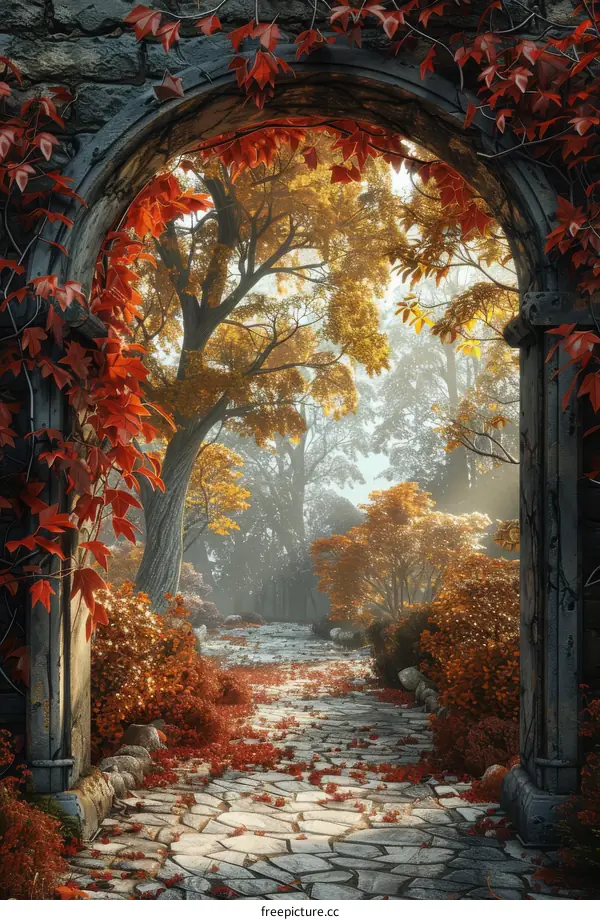 Mystical Stone Archway Leads to Autumn Forest