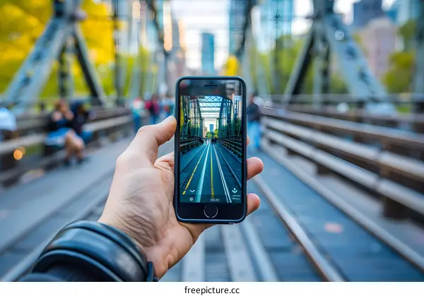 Hand Holding Phone with Bridge Photo on Screen
