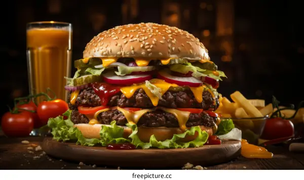 Delicious Beef Burger with Melted Cheese and Fresh Vegetables