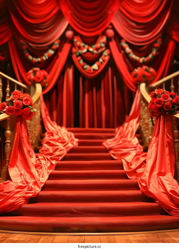 Red Carpet Staircase Decorated with Red Roses and Drapes