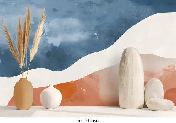 Abstract Wall Art With Neutral Colors and Dried Flowers