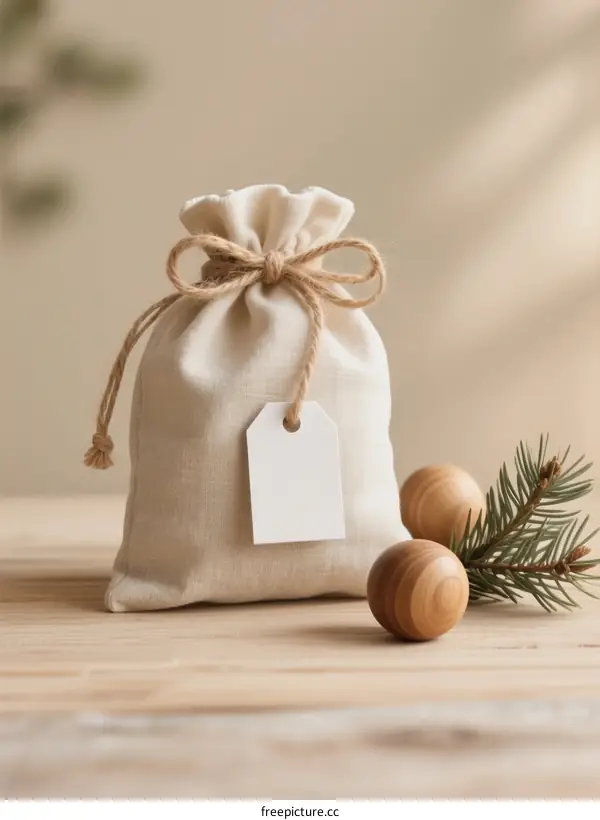 Natural Linen Pouch with Tag and Wooden Spheres on Wooden Table
