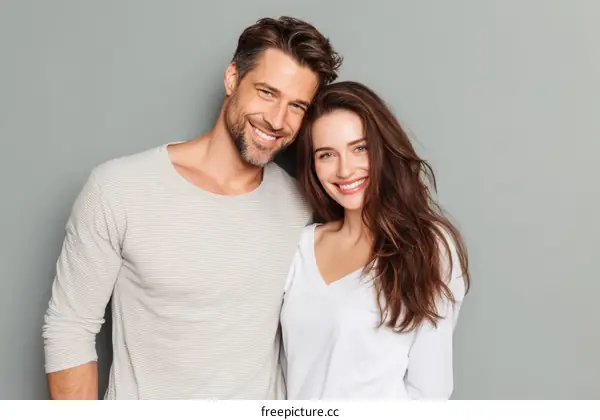 Couple Posing Against Gray Background