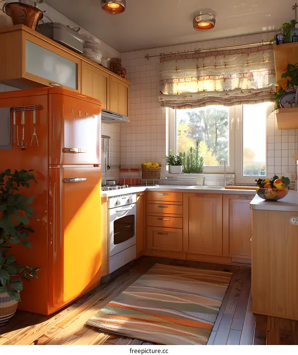 A cozy kitchen with a retro orange fridge