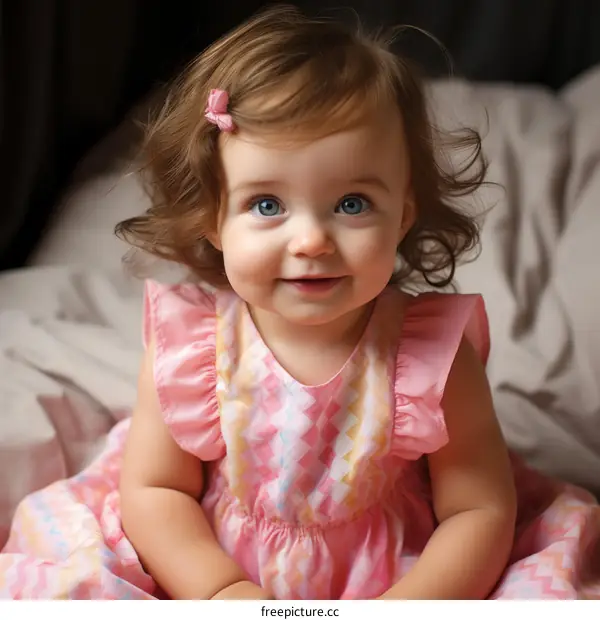 Portrait of a smiling baby girl with blue eyes and brown hair wearing a pink dress