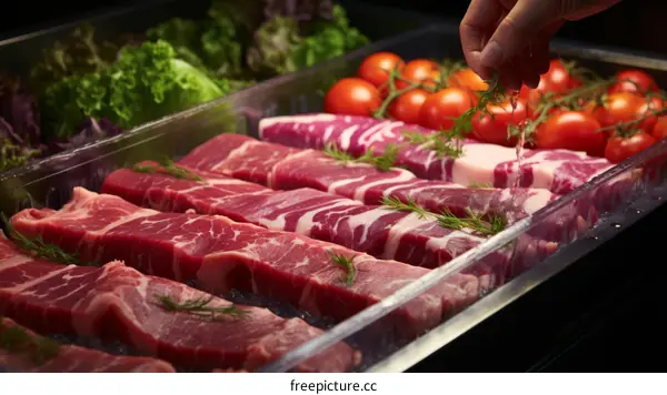 Close up of a hand sprinkling herbs over raw steaks