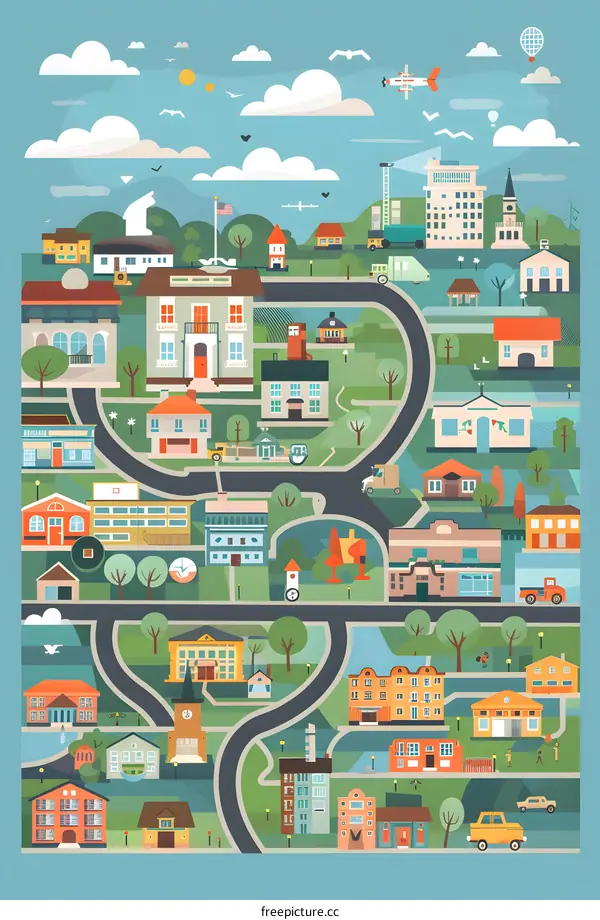 Colorful Town Illustration with Buildings, Roads and Trees