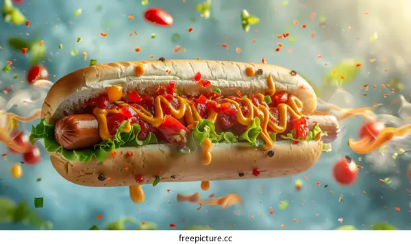 Hot dog with mustard, ketchup, and relish