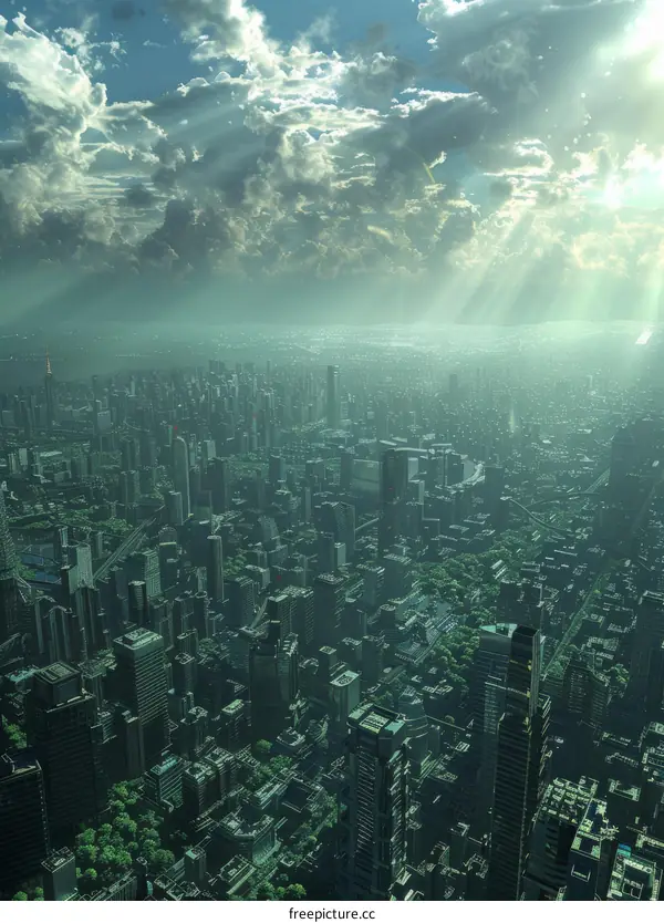 Green Cityscape with Towering Buildings