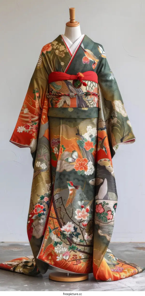 A kimono with a pattern of birds and flowers