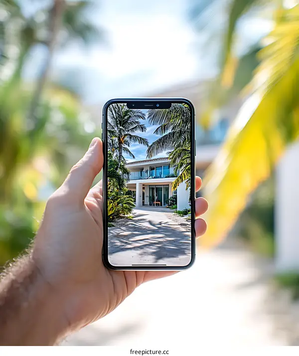 Hand Holding Smartphone Capturing a Modern House in a Tropical Garden