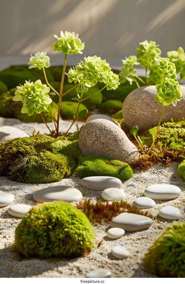 Green Moss, White Stones, and Flowers in a Zen Garden