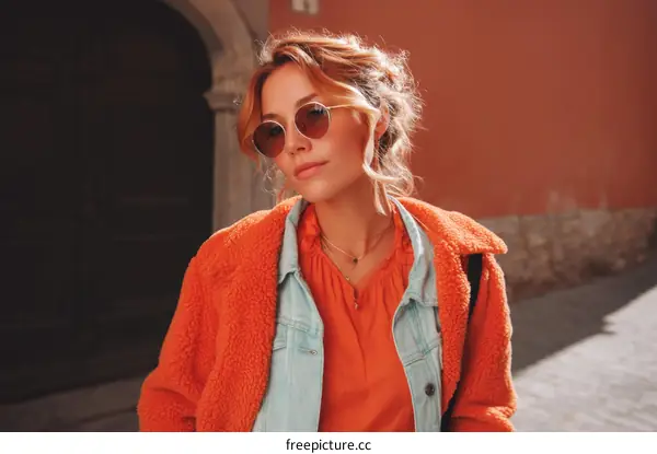 Stylish Woman in an Orange Jacket in the City