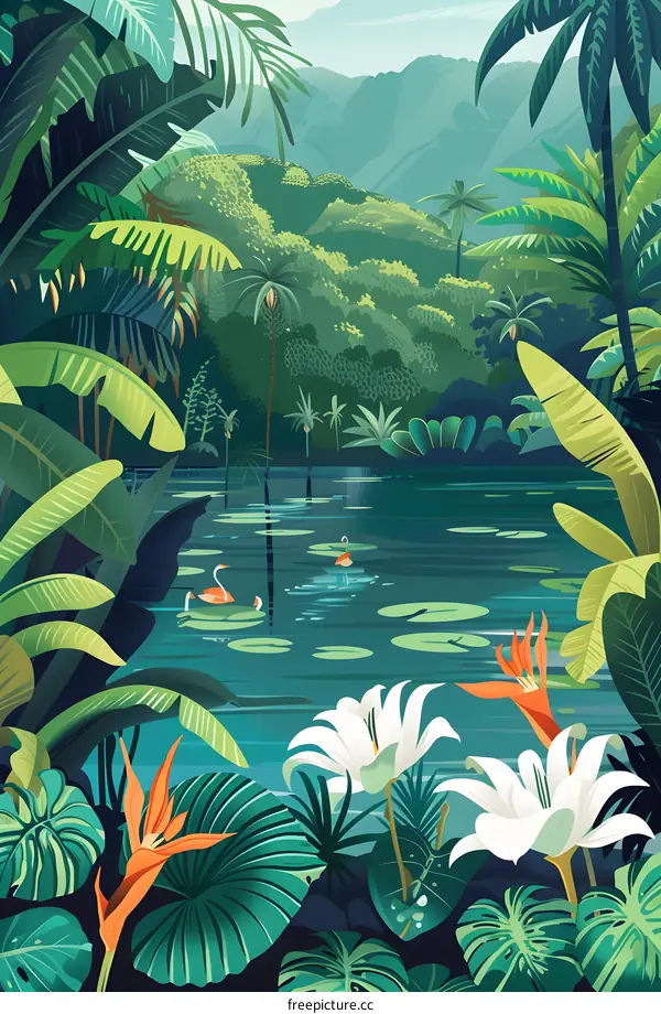 Tropical Rainforest Illustration with Lush Greenery and a Tranquil Pond