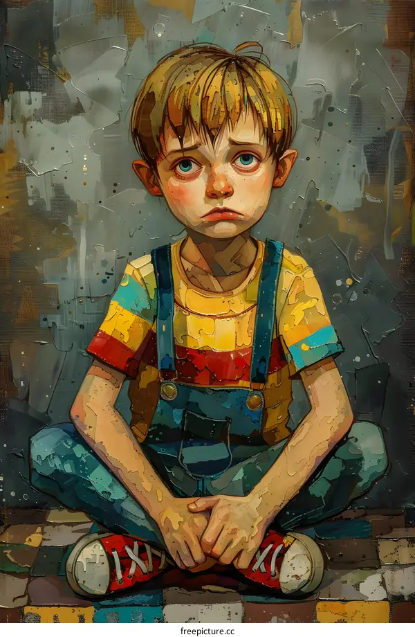 A boy with blond hair and blue eyes is sitting on the ground. He is wearing a colorful shirt and blue overalls. He has a sad expression on his face.