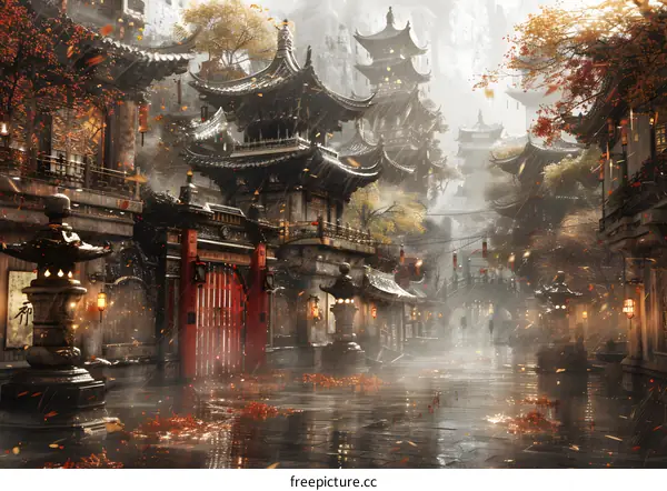 Ancient Oriental City in the Rain