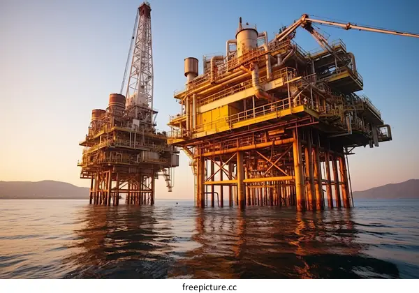 An illustration of an offshore oil rig at sunset