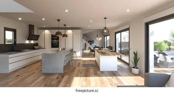 Modern kitchen with island and wood floor