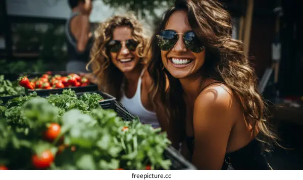 Two young women at a farmers market