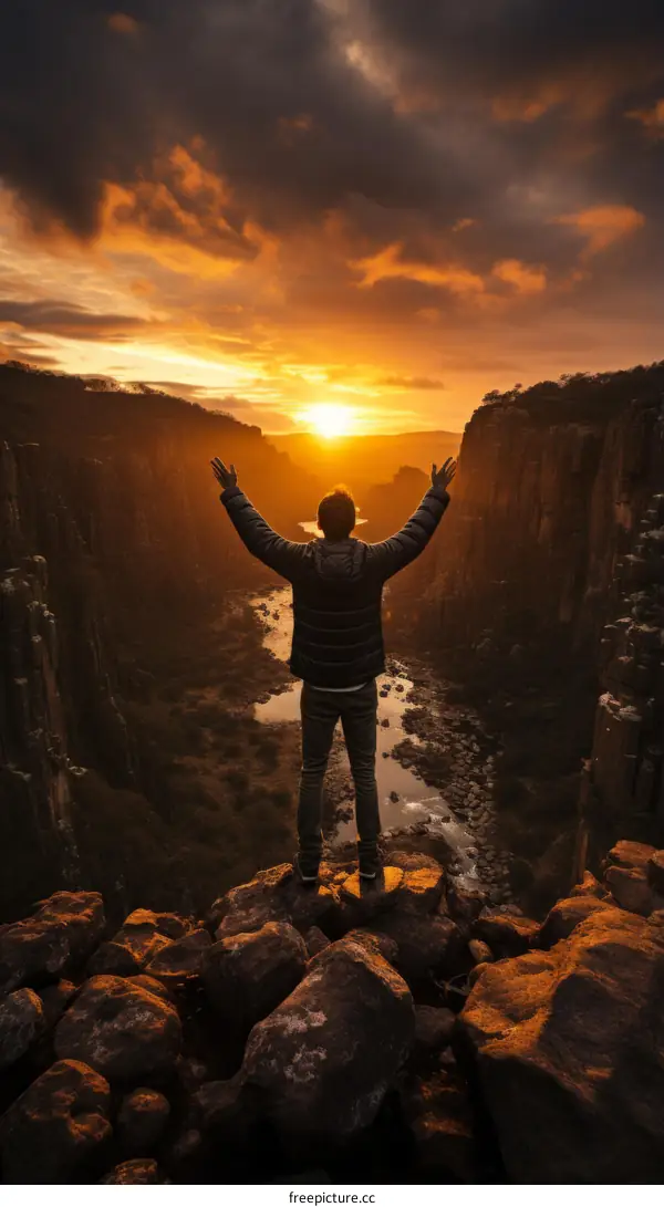 Man standing on a cliff with his arms raised in the air