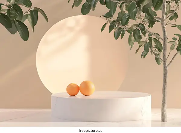 Minimalist Product Display with Orange Fruit and Leaves