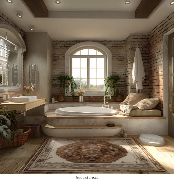 Bathtub by the Cozy Brick Fireplace