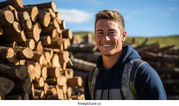 Young man with a pile of firewood