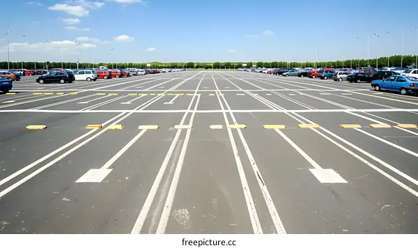 Empty Parking Lot with White Lines and Yellow Curb Stops