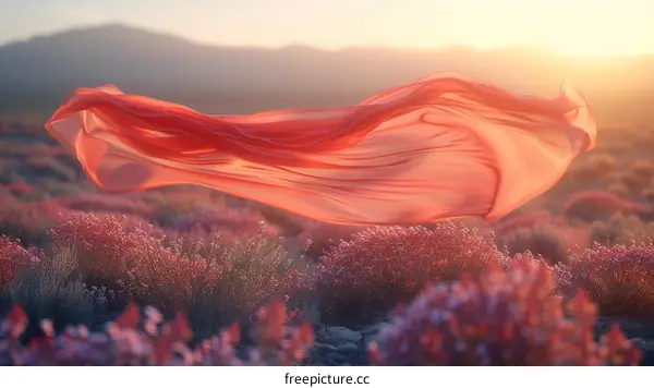 Graceful pink silk scarf dancing in the middle of a purple flower field at sunset