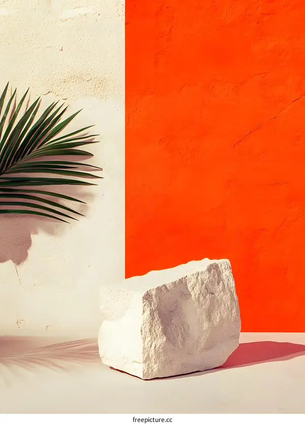 Minimalist Summer Product Display with White Stone and Palm Leaf