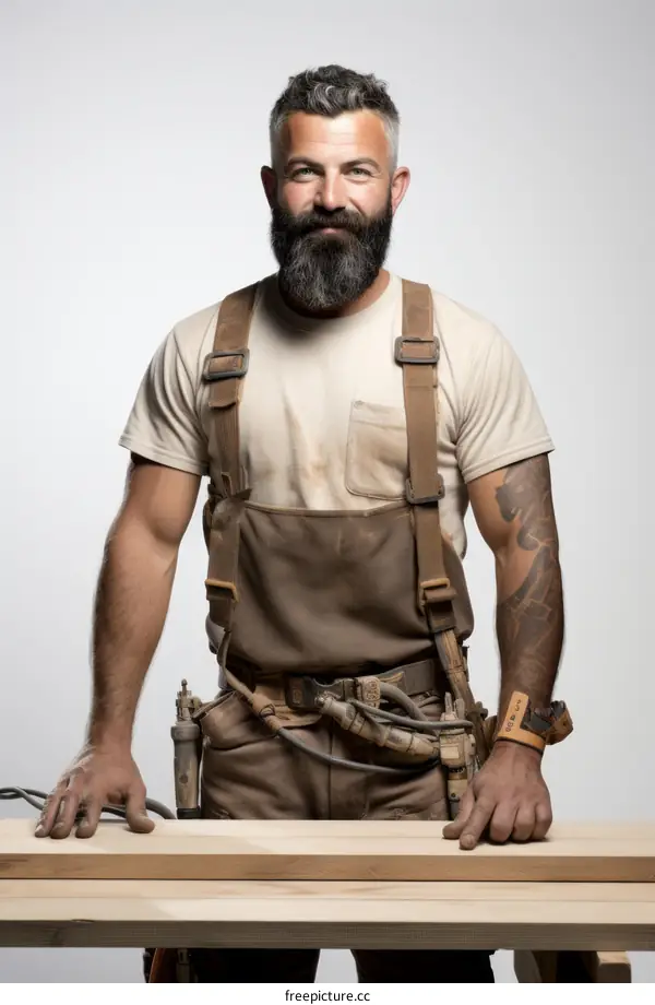 Portrait of a male carpenter wearing a tool belt and suspenders