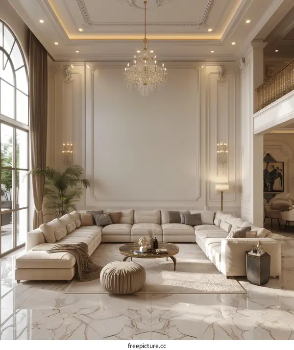 Luxurious Modern Living Room with Marble and Chandelier