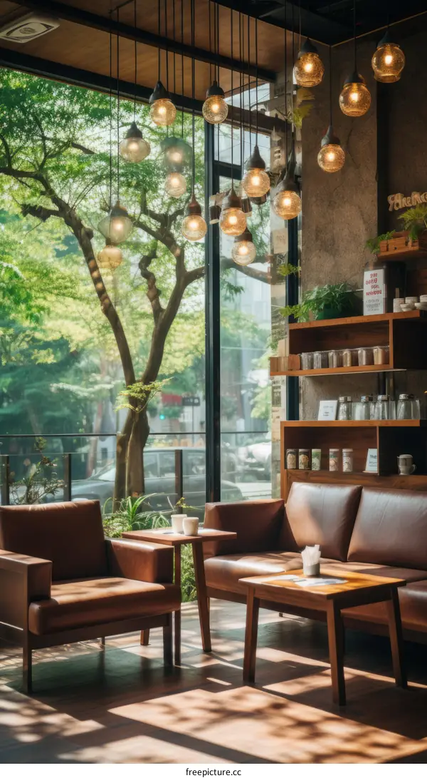 Elegant cafe interior with large windows and lush greenery