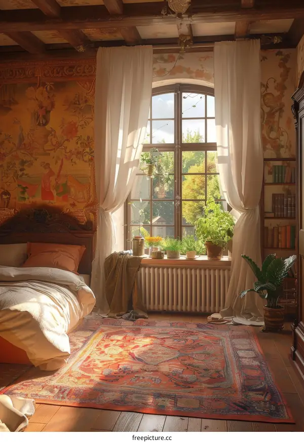 Vintage Bedroom with Sunlight and Tapestry