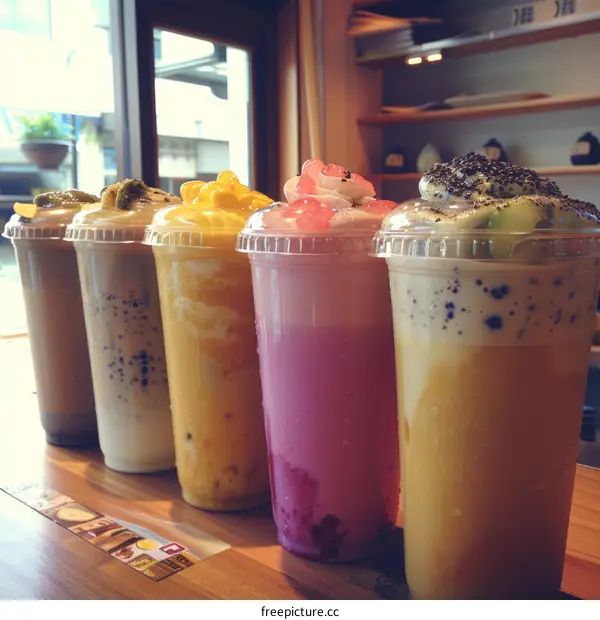 Colorful Fruit Smoothies with Whipped Cream in Plastic Cups