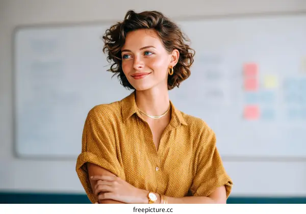 Confident Business Woman in a Mustard Yellow Shirt