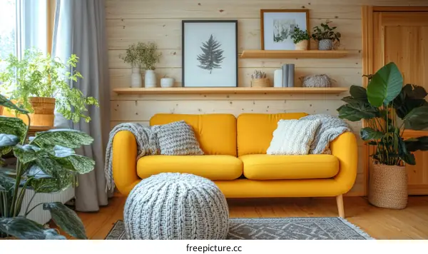 Cozy Yellow Sofa in a Modern Scandinavian Living Room