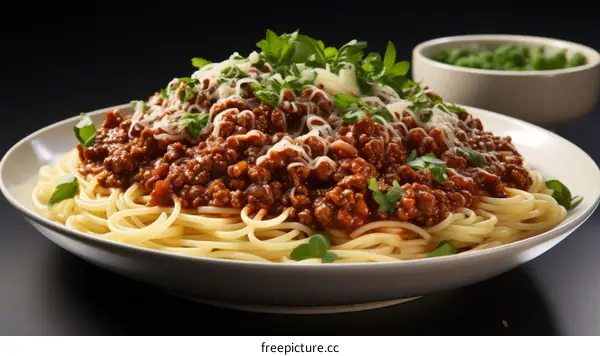 A delicious plate of spaghetti with a tasty meat sauce and juicy cheese