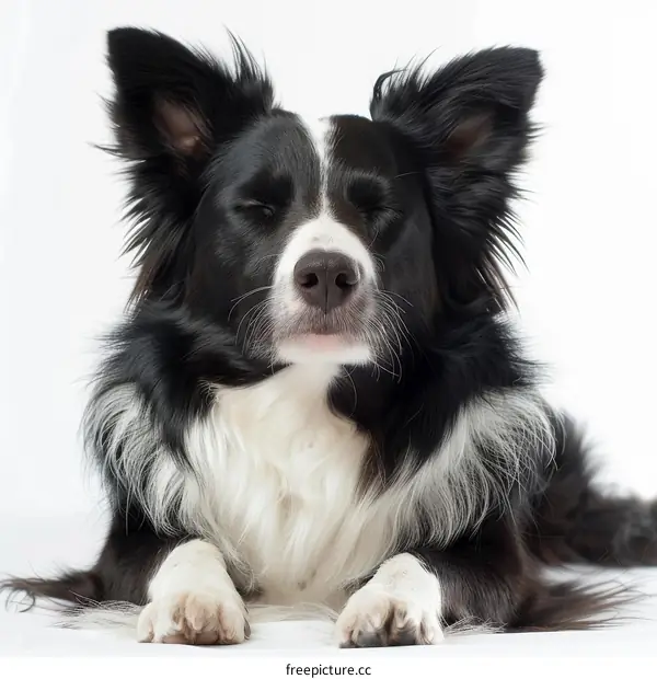 A black and white Border Collie dog with long fur is lying down with its eyes closed.