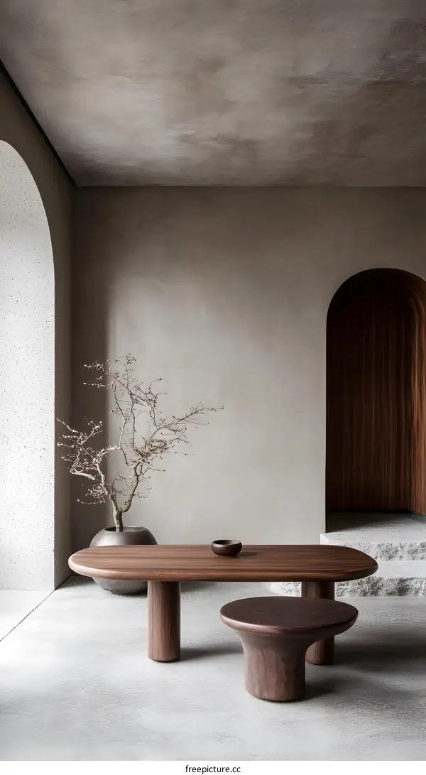 Modern Minimalist Interior Design With Wooden Coffee Table and Small Side Table in a Grey Room