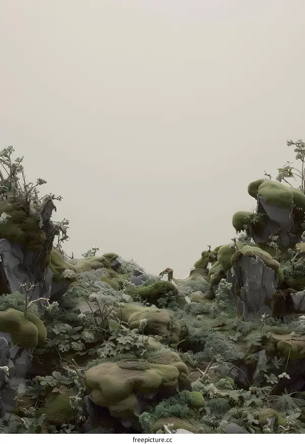 Green Mossy Landscape with Fog in the Distance