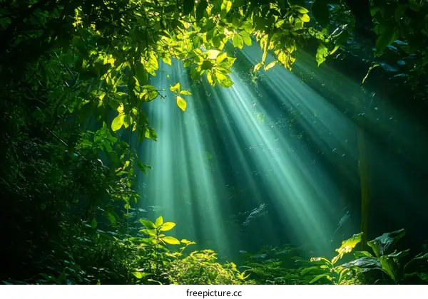 Sunlight Piercing Through Lush Green Forest Canopy