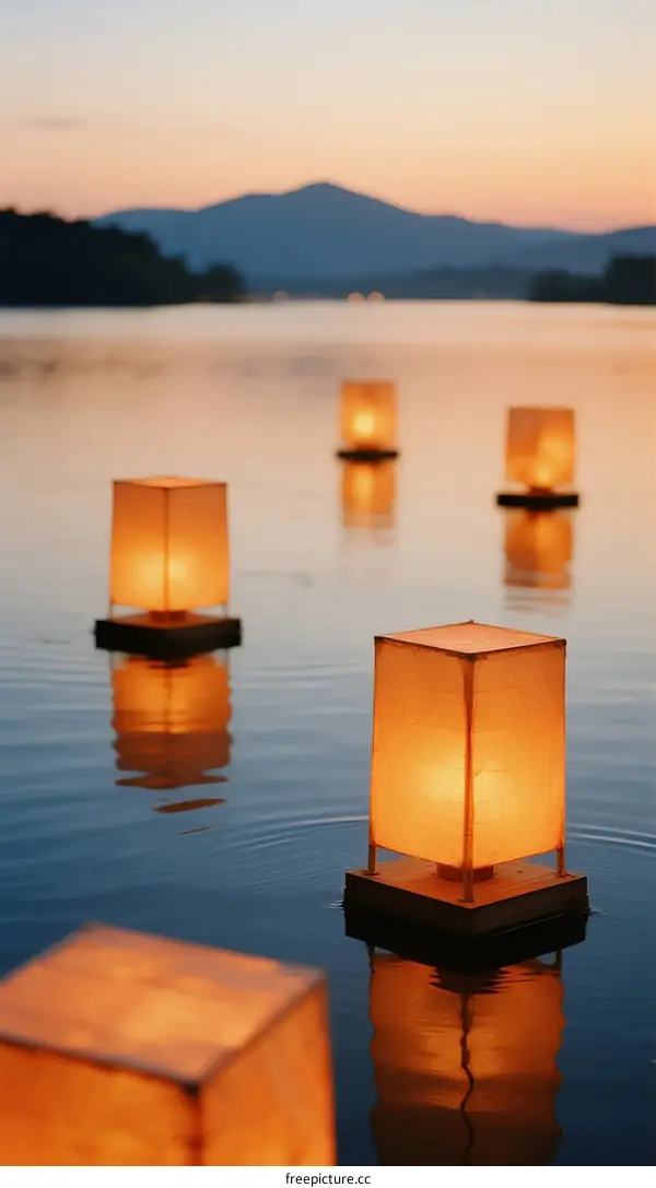 Evening Lake with Floating Paper Lanterns Glowing Warmly