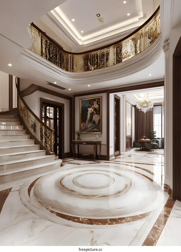 Elegant White Marble Floor With Gold Railing Staircase Interior Design